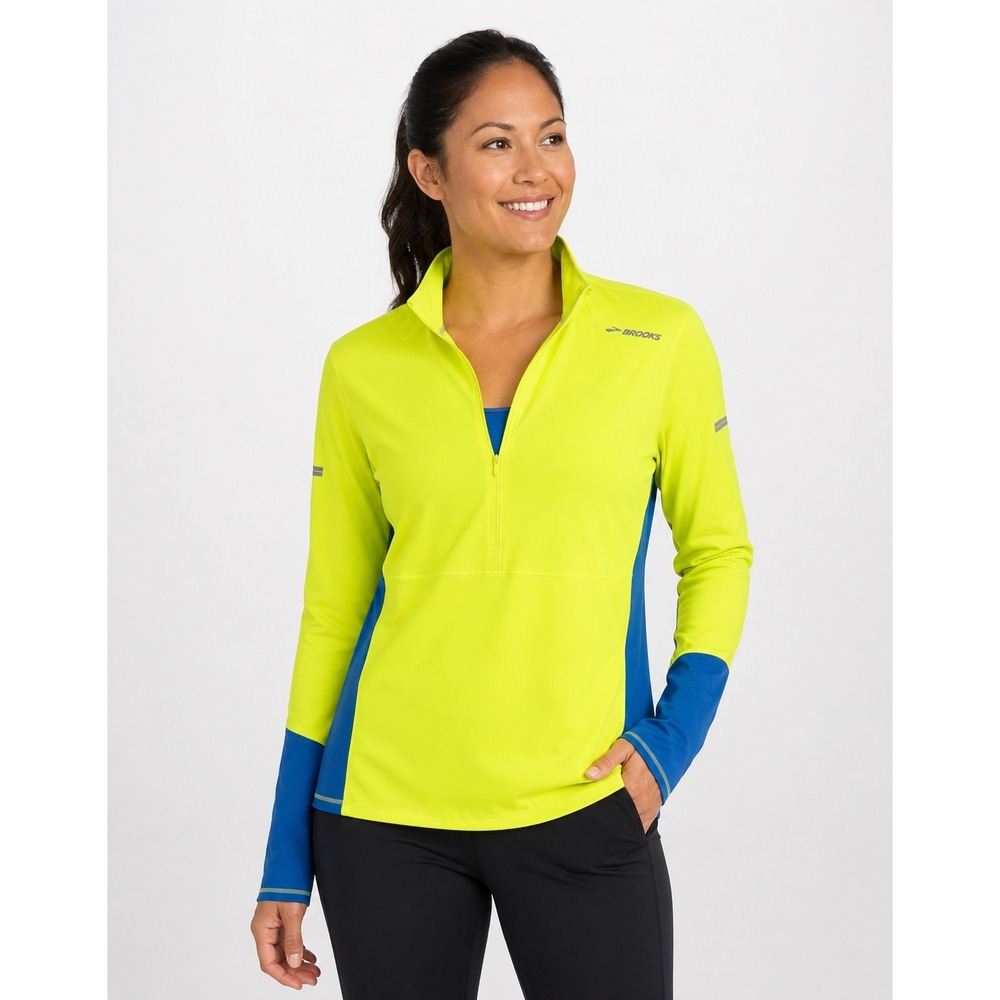 Brooks Dash 1/2 Zip Running Pullover Neon Yellow Blue Fleece Lined 221223 L